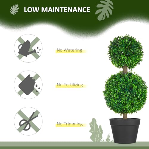 Product: HOMCOM Set of 2 23.5" Artificial Ball Boxwood Topiary Trees with Pot, Indoor Outdoor Fake Plants for Home Office & Living Room Decor