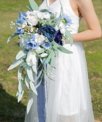 Silky Flower Store Navy Blue Bridal Bouquet, Cascading Wedding Bouquet, Faux Roses Eucalyptus, Wedding Decor, 12 Inch 9 9 Product: BENCENTRE 12 Inch Navy Blue Bridal Bouquet, Cascading Bouquet, Wedding Bouquet,for Wedding Ceremony Anniversary, Bridal Party and French Rustic Vintage Wedding, Artificial Flowers