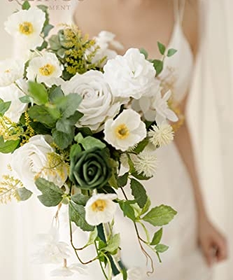 Silky Flower Store White Green Bridal Cascading Bouquet, Silk Artificial Wedding Flower Bouquet, 13 Inch 10 10 Product: Ling's Moment White Green Bridal Bouquet Cascading, Spring Wedding Bouquets for Bride, 13 Inch Silk Artificial Wedding Flower Bouquet