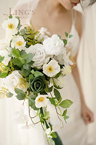 Silky Flower Store White Green Bridal Cascading Bouquet, Silk Artificial Wedding Flower Bouquet, 13 Inch 3 3 Product: Ling's Moment White Green Bridal Bouquet Cascading, Spring Wedding Bouquets for Bride, 13 Inch Silk Artificial Wedding Flower Bouquet