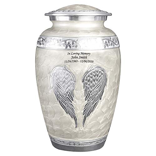Product: White Angel Wings Funeral Cremation Urn with Mathcing Keepsake Velvet Bags and Personalization (Pearl White, Large)
