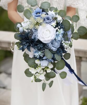 Silky Flower Store Dusty Blue Wedding Bouquet, White Navy Blue Artificial Roses Cascading Bridal Bouquet, Rustic Boho Vintage, 17x11in 8 8 Product: Yelinart 11 Inch Dusty Blue Wedding Bouquets for Bride White Navy Blue Artificial Roses Flower Cascading Bridal Bouquet for Rustic Boho Fall Vintage Wedding Ceremony Party and Anniversary