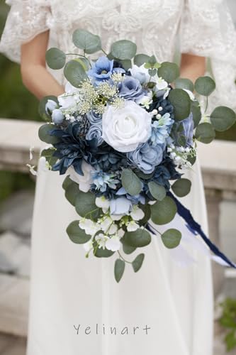 Silky Flower Store Dusty Blue Wedding Bouquet, White Navy Blue Artificial Roses Cascading Bridal Bouquet, Rustic Boho Vintage, 17x11in 2 2 Product: Yelinart 11 Inch Dusty Blue Wedding Bouquets for Bride White Navy Blue Artificial Roses Flower Cascading Bridal Bouquet for Rustic Boho Fall Vintage Wedding Ceremony Party and Anniversary