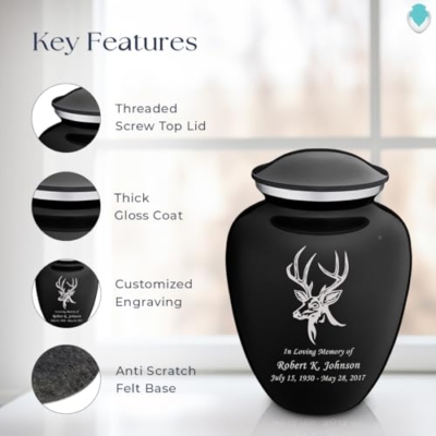 Product: Geturns Embrace Adult Personalized Deer Cremation Urns for Human Ashes I Large Black Funeral Urn for Adult Men and Women with Double Side Engraving I 200 lbs