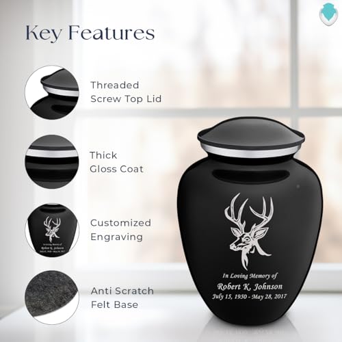 Product: Geturns Embrace Adult Personalized Deer Cremation Urns for Human Ashes I Large Black Funeral Urn for Adult Men and Women with Double Side Engraving I 200 lbs