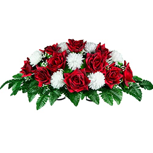 Silky Flower Store Sympathy Silks Artificial Cemetery Flowers, Two Tone Dark Red Rose White Mum Saddle Headstone 20.5cm 7 7 Product: Sympathy Silks Artificial Cemetery Flowers - Realistic - Outdoor Grave Decorations - Non-Bleed Colors, and Easy Fit - Two Tone Dark Red Rose with White Mum Saddle for Headstone