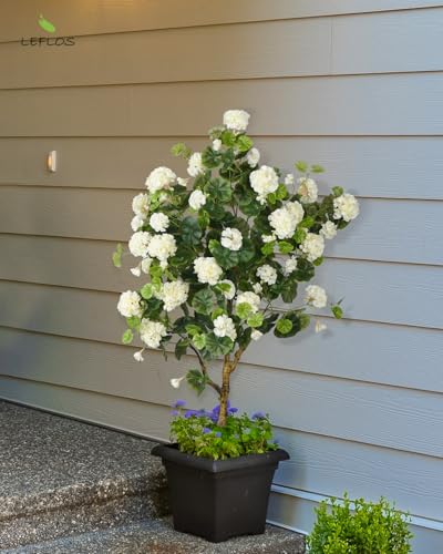 Product: Leflos 4.25ft Artificial Begonia Flower Tree, Faux Begonia Tree with 74 White Flowers, Fake Potted Blooming Floral Plant in White Pot Filled with Dry Moss for Home Indoor Decor