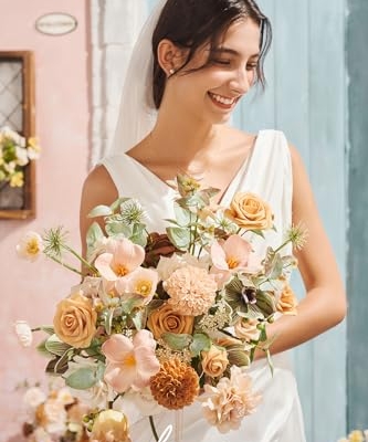 Silky Flower Store Peach Apricot Artificial Bridal Bouquet, Wedding Flower Bouquet for Bride, Ribbons Card, 15 Inch x 11 Inch 11 11 Product: Ling's Moment Peach Wedding Bouquets for Bride, Apricot Bridal Bouquets for Bride,15 Inch Free Form Artificial Wedding Flower Bouquet