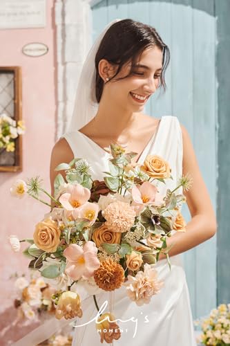 Silky Flower Store Peach Apricot Artificial Bridal Bouquet, Wedding Flower Bouquet for Bride, Ribbons Card, 15 Inch x 11 Inch 3 3 Product: Ling's Moment Peach Wedding Bouquets for Bride, Apricot Bridal Bouquets for Bride,15 Inch Free Form Artificial Wedding Flower Bouquet
