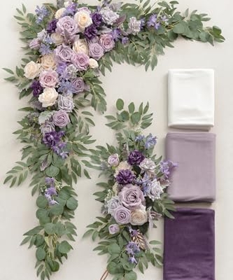 Silky Flower Store Wedding Arch Flowers Kit, Purple and Gold Rose, 5 Piece Set, Faux Floral Arch Decor, 360° Coverage, 5 Piece Set 12 12 Product: Ling's Moment Wedding Arch Flowers with Sheer Drapes Kit - Artificial Purple and Gold Rose Floral Arrangements for Ceremony Backdrop, Arbor Decor, 5-Piece Set (2 Flower Stems + 3 Hanging Drapes)