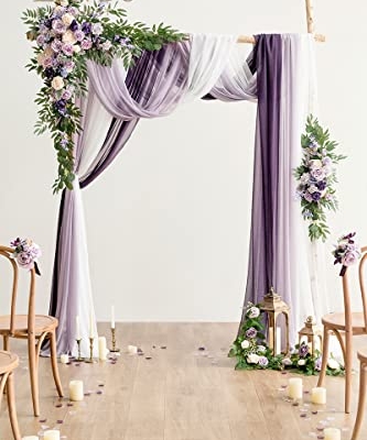 Silky Flower Store Wedding Arch Flowers Kit, Purple and Gold Rose, 5 Piece Set, Faux Floral Arch Decor, 360° Coverage, 5 Piece Set 9 9 Product: Ling's Moment Wedding Arch Flowers with Sheer Drapes Kit - Artificial Purple and Gold Rose Floral Arrangements for Ceremony Backdrop, Arbor Decor, 5-Piece Set (2 Flower Stems + 3 Hanging Drapes)