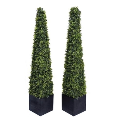 Product: GreenBrokers 2 x Artificial Boxwood Topiary Pyramid Trees in Black Square Planter (4ft/120cm), Wood, Green