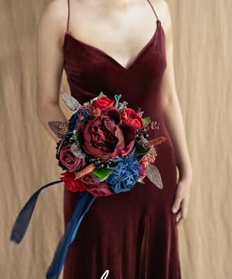 Product: Ling's Moment Burgundy Navy Bridal Bouquet for Bride, Jewel Tone Wedding Bouquets for Bride Maid of Honor Bridesmaid, 9 Inch Silk Round Artificial Wedding Flowers Bouquets