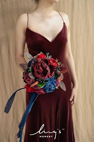 Product: Ling's Moment Burgundy Navy Bridal Bouquet for Bride, Jewel Tone Wedding Bouquets for Bride Maid of Honor Bridesmaid, 9 Inch Silk Round Artificial Wedding Flowers Bouquets