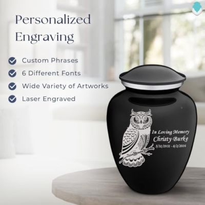 Product: Geturns Embrace Adult Personalized Owl Cremation Urns for Human Ashes I Large Black Funeral Urn for Men and Women I 200 lbs