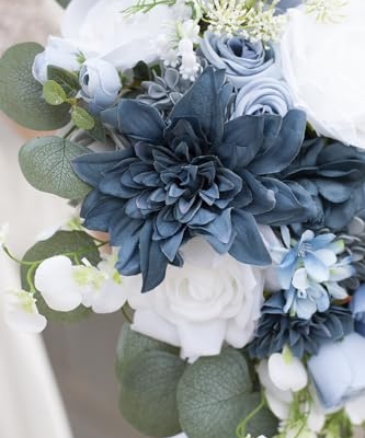 Silky Flower Store Dusty Blue Wedding Bouquet, White Navy Blue Artificial Roses Cascading Bridal Bouquet, Rustic Boho Vintage, 17x11in 11 11 Product: Yelinart 11 Inch Dusty Blue Wedding Bouquets for Bride White Navy Blue Artificial Roses Flower Cascading Bridal Bouquet for Rustic Boho Fall Vintage Wedding Ceremony Party and Anniversary