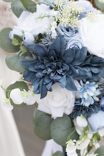 Silky Flower Store Dusty Blue Wedding Bouquet, White Navy Blue Artificial Roses Cascading Bridal Bouquet, Rustic Boho Vintage, 17x11in 5 5 Product: Yelinart 11 Inch Dusty Blue Wedding Bouquets for Bride White Navy Blue Artificial Roses Flower Cascading Bridal Bouquet for Rustic Boho Fall Vintage Wedding Ceremony Party and Anniversary