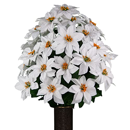 Product: Sympathy Silks Artificial Cemetery Flowers - Realistic - Outdoor Grave Decorations - White Christmas Poinsettias - 28" Tall