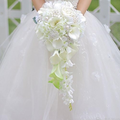 Product: IFFO Calla Lilies Simulation Rose Diamonds Pearl Bride Wedding Bouquet (White)