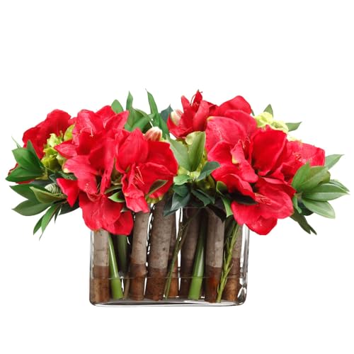 Product: 14" Hx23 W Silk Amaryllis Flower, Hydrangea & Skimmia Arrangement w/Glass Vase -Red/Green