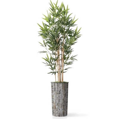 Product: Artificial Tree in Black and Brown Striped Planter, Fake Bamboo Silk Tree for Indoor and Outdoor Home Decoration - 70" Overall Tall (Plant Pot Plus Tree)