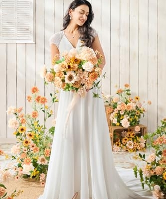 Silky Flower Store Sunflower Bridal Bouquet, Orange Wedding Bouquet for Bride, Silk Free Form Wedding Flowers, 15 Inch 11 11 Product: Ling's Moment Sunflower Bridal Bouquet, Orange Wedding Bouquets for Bride, 15 Inch Silk Free Form Bridal Bouquets Artificial Wedding Flower Bouquet