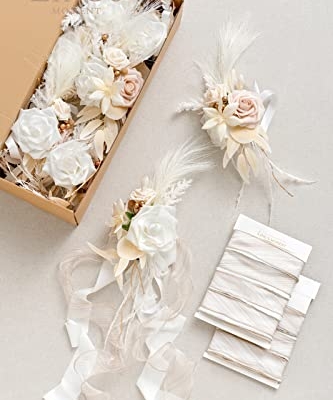 Product: Ling's Moment 8pcs Wedding Artificial Aisle Pew Flowers Chair Decorations Arrangements with Chiffon Ribbons Boho White Beige for Ceremony Chair Back Floral Decor Reception Church Party Outdoor