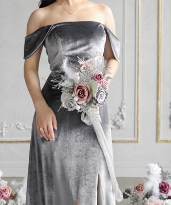 Silky Flower Store Dusty Gray Bridesmaid Bouquet Set of 4, Artificial Silk Foam Wedding Flowers, 7 Inch Bridesmaid Bouquets 7 Inch 13 13 Product: Ling's Moment Artificial Flowers Dusty & Gray Bridesmaid Bouquet Set of 4, Gray Wedding Flowers Bouquets for Bridesmaids, 7 Inch Bridal Bouquets for Bridesmaids, Wedding, etc
