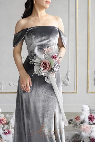 Silky Flower Store Dusty Gray Bridesmaid Bouquet Set of 4, Artificial Silk Foam Wedding Flowers, 7 Inch Bridesmaid Bouquets 7 Inch 4 4 Product: Ling's Moment Artificial Flowers Dusty & Gray Bridesmaid Bouquet Set of 4, Gray Wedding Flowers Bouquets for Bridesmaids, 7 Inch Bridal Bouquets for Bridesmaids, Wedding, etc