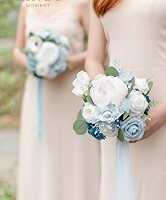 Silky Flower Store Dusty Blue Bridesmaid Bouquet Set of 4, Artificial Silk Foam Wedding Flowers, Blue White Bridal Bouquets, 7 Inch 16 16 Product: Ling's Moment Artificial Flowers Dusty Blue Bridesmaid Bouquet Set of 4, Blue & White Wedding Flowers Bouquets for Bridesmaids, 7 Inch Bridal Bouquets for Bridesmaids