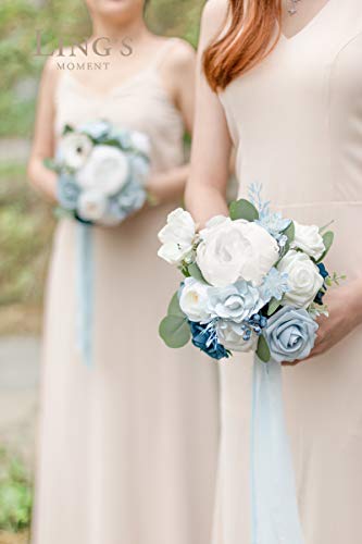 Silky Flower Store Dusty Blue Bridesmaid Bouquet Set of 4, Artificial Silk Foam Wedding Flowers, Blue White Bridal Bouquets, 7 Inch 7 7 Product: Ling's Moment Artificial Flowers Dusty Blue Bridesmaid Bouquet Set of 4, Blue & White Wedding Flowers Bouquets for Bridesmaids, 7 Inch Bridal Bouquets for Bridesmaids