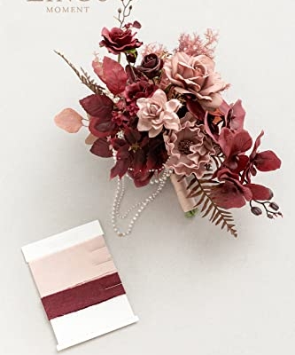 Silky Flower Store Red Burgundy Cascading Bridal Bouquet, Artificial Wedding Bouquet, Mauve Wine Bridal Flowers, 13 Inch x 20 Inch 12 12 Product: Ling's Moment Red Bridal Bouquet Cascading, Burgundy Wedding Bouquets for Bride, 13 Inch Bride Bouquets for Wedding Artificial Flowers Bouquets