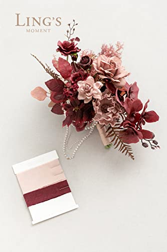 Silky Flower Store Red Burgundy Cascading Bridal Bouquet, Artificial Wedding Bouquet, Mauve Wine Bridal Flowers, 13 Inch x 20 Inch 5 5 Product: Ling's Moment Red Bridal Bouquet Cascading, Burgundy Wedding Bouquets for Bride, 13 Inch Bride Bouquets for Wedding Artificial Flowers Bouquets