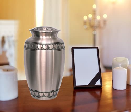 Silky Flower Store Classic Pewter Heart Band Cremation Urn, Handcrafted Brass Memorial Urn, 10in x 8in x 11in 2 2 Product: MEMORIALS 4U Classic Pewter with Heart Band Cremation Urn - 100% Handcrafted Large Pewter Heart Urn - Solid Brass Affordable Pewter Urn for Human Ashes - Adult Funeral Urn Deal with Free Keepsake