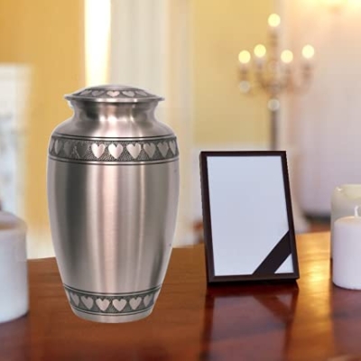 Silky Flower Store Classic Pewter Heart Band Cremation Urn, Handcrafted Brass Memorial Urn, 10in x 8in x 11in 4 4 Product: MEMORIALS 4U Classic Pewter with Heart Band Cremation Urn - 100% Handcrafted Large Pewter Heart Urn - Solid Brass Affordable Pewter Urn for Human Ashes - Adult Funeral Urn Deal with Free Keepsake
