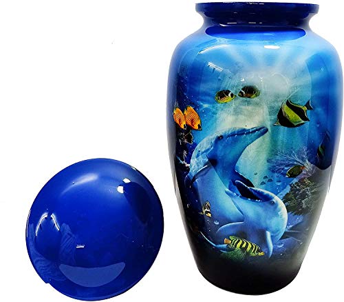 Silky Flower Store HLC URNS Dolphin Ocean Blue Cremation Urn for Human Ashes, Adult Funeral Urn, Handmade Memorial Urn 10.5 x 6 inches 1 1 Product: HLC URNS Dolphin Ocean Blue Cremation Urn for Human Ashes - Adult Funeral Urn Handcrafted - Affordable Urn for Ashes (Adult (200 lbs) – 10.5 x 6 “, Cremation Urn)