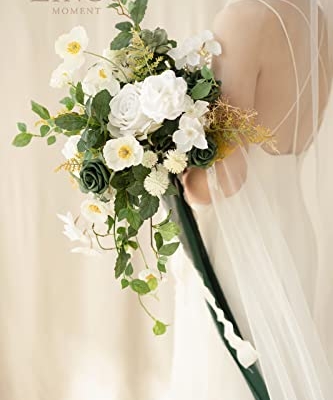 Silky Flower Store White Green Bridal Cascading Bouquet, Silk Artificial Wedding Flower Bouquet, 13 Inch 9 9 Product: Ling's Moment White Green Bridal Bouquet Cascading, Spring Wedding Bouquets for Bride, 13 Inch Silk Artificial Wedding Flower Bouquet