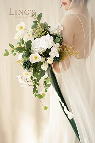 Silky Flower Store White Green Bridal Cascading Bouquet, Silk Artificial Wedding Flower Bouquet, 13 Inch 2 2 Product: Ling's Moment White Green Bridal Bouquet Cascading, Spring Wedding Bouquets for Bride, 13 Inch Silk Artificial Wedding Flower Bouquet