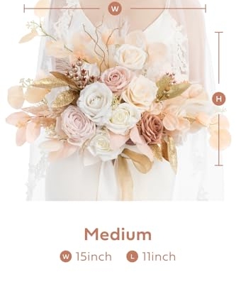 Product: Ling's Moment Boho Wedding Bouquets for Bride, White Beige and Gold Bridal Bouquets for Bride, 15 Inch Free Form Artificial Wedding Flower Bouquet