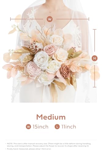 Product: Ling's Moment Boho Wedding Bouquets for Bride, White Beige and Gold Bridal Bouquets for Bride, 15 Inch Free Form Artificial Wedding Flower Bouquet