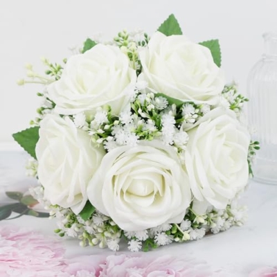 Silky Flower Store Artificial Bridesmaid Bouquets, Ivory White Rose Babys Breath Silk Bouquet, Set of 6, 7 Inch 8 8 Product: SEMONONIA Artificial Bridesmaid Bouquets Set of 6-7 Inch Bridesmaid Bouquets Ivory White Rose Babys Breath Pre-Made Silk Flower Bouquet for Wedding Bridal Shower Centerpiece Ceremony and Anniversary