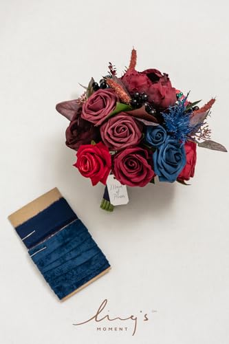 Product: Ling's Moment Burgundy Navy Bridal Bouquet for Bride, Jewel Tone Wedding Bouquets for Bride Maid of Honor Bridesmaid, 9 Inch Silk Round Artificial Wedding Flowers Bouquets