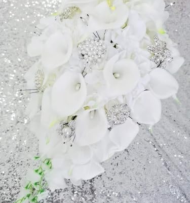 Product: IFFO Calla Lilies Simulation Rose Diamonds Pearl Bride Wedding Bouquet (White)