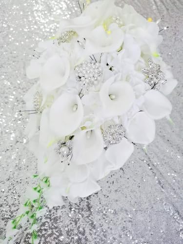 Product: IFFO Calla Lilies Simulation Rose Diamonds Pearl Bride Wedding Bouquet (White)