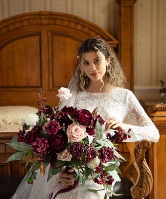 Silky Flower Store Red Burgundy Blush Bridal Bouquet, Artificial Wedding Flower Bouquet, Lings Moment, 17 Inch 11 11 Product: Ling's Moment Red Wedding Bouquets for Bride, Burgundy and Blush Bridal Bouquets for Bride,17 Inch Free Form Artificial Wedding Flower Bouquet