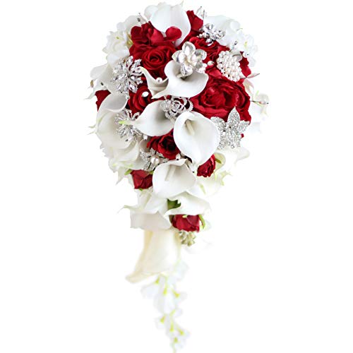 Silky Flower Store Bridal Bouquet Wedding Calla Lilies Rose Pearl Brooch Bouquet, Red, Handmade Faux Floral Arrangement 32.5cm 1 1 Product: IFFO Bridal Bouquets for Wedding, Calla Lilies Simulation Rose Diamonds Pearl Bride Wedding Bouquet, Romantic Wedding Party Decoration Confession (red)