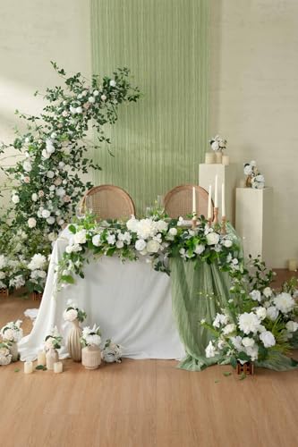 Silky Flower Store Artificial Eucalyptus Rose Garland, Sweetheart Table Decor, Wedding Arch Greenery, 6FT 4 4 Product: Ling's Moment Flower Garland - 6FT Eucalyptus & Rose - Sweetheart Table Decor for Wedding Reception, Artificial Floral Garland for Mantle, Spring, Christmas Decoration, White & Lily