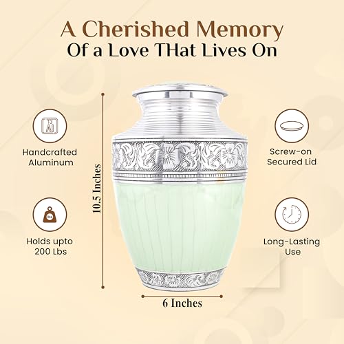 Product: Handcrafted Metal Alloy Cremation Urn for Human Ashes - Large, Engraved, Decorative Funeral Memorial Urn with Secure Screw-On Lid Hold Remains up to 200 lbs 10.5" (Green Silver) - ALPHA Living HOME