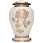 Product: Gold Rose Cremation Urn - Funeral Urn with Large Flower on Enamel - Burial Urn for Human Ashes Adult Size - 100% Brass (White-Gold)