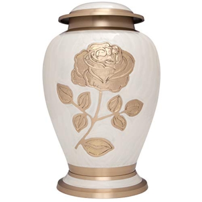 Product: Gold Rose Cremation Urn - Funeral Urn with Large Flower on Enamel - Burial Urn for Human Ashes Adult Size - 100% Brass (White-Gold)